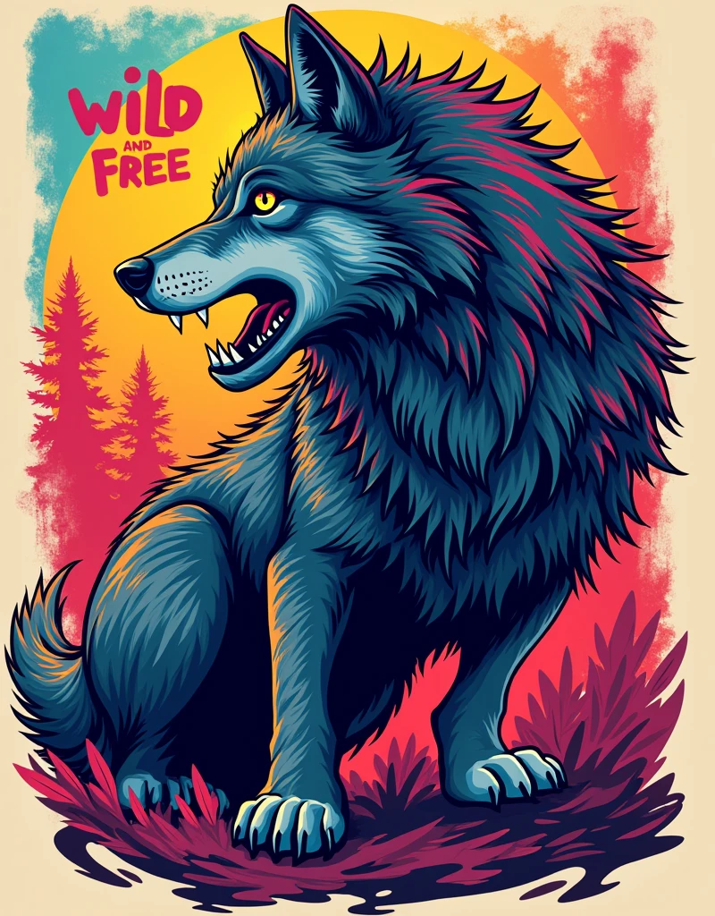 A wolf design svg, colourful, punchy colour, vibrant colours, puff design, ''wild and free'' written in background in funkey fonts,
