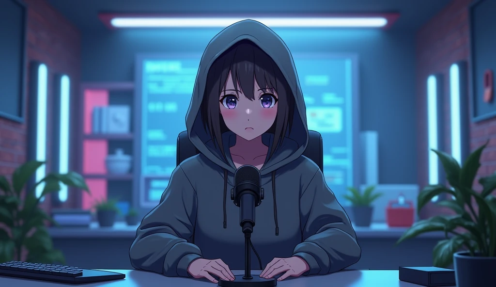 front facing anime female avatar wearing a hoodie staring at the screen, sitting straight on a chair and desk infront with a digital futuristic studio background and microphone infront. wide angle. the character should face the camera. so we should see the face directly