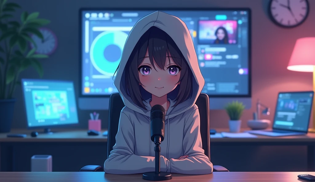 front facing anime female avatar wearing a hoodie staring at the screen, sitting straight on a chair and desk infront with a digital futuristic studio background and microphone infront. wide angle. the character should face the camera. so we should see the face directly