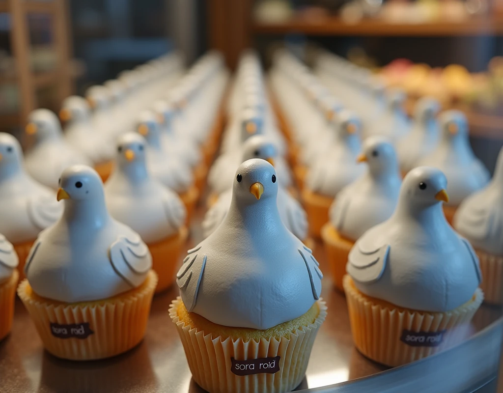 ((Highest quality)), ((masterpiece)), (detailed), A realistic grey dove-shaped cupcake「SORA ROID」Written, There are many of them lined up in the showcase inside the store., front, from front, front view, photorealistic, realistic photo, from movie stills