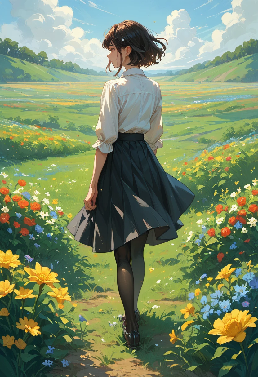 (masterpiece), (best quality), (highly detailed),black pantyhose, skirt, ears,standing,  flower field,