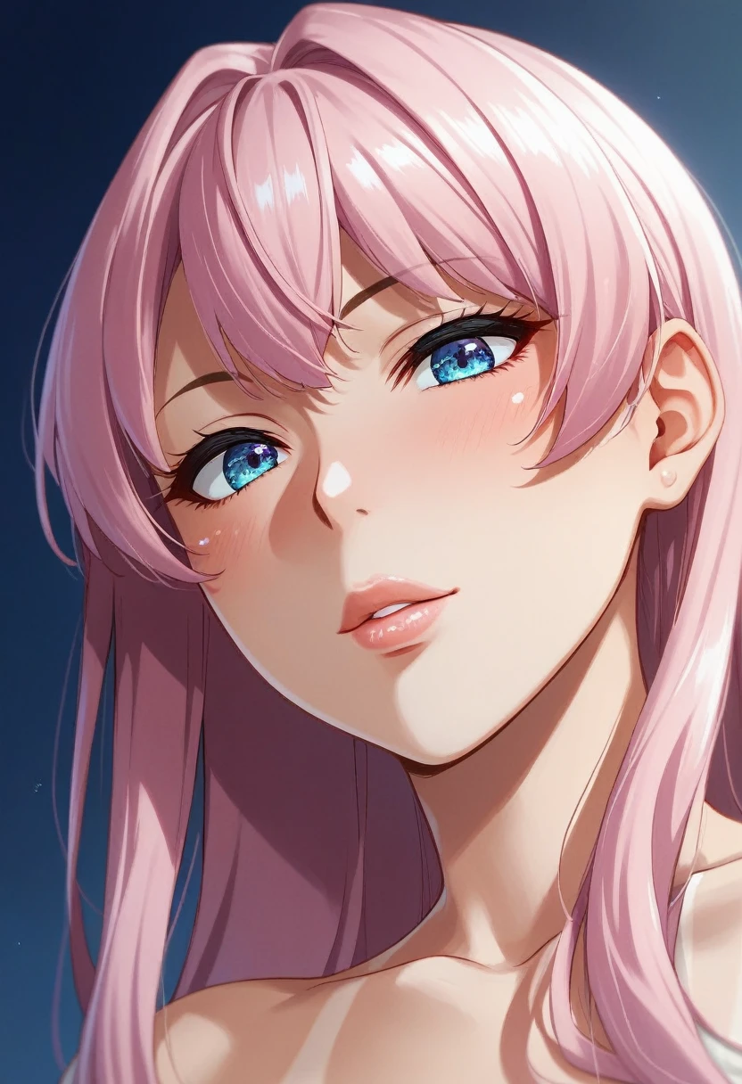 score_9, score_8_up, score_7_up, source_anime, style, takeda hiromitsu style,blue  eyes, pink hair, long hair, white skin, tanlines, makeup, perky lips, middle breasts, top, wreidangle, face focus, close up, portrait, masterpiece, 4k, best quality