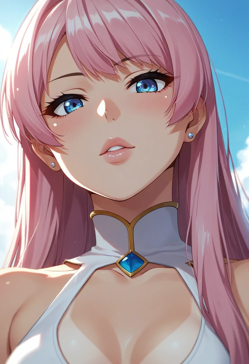 score_9, score_8_up, score_7_up, source_anime, style, takeda hiromitsu style,blue eyes, pink hair, long hair, white skin, tanlines, makeup, perky lips, middle breasts, top, wreidangle, face focus, close up, portrait, masterpiece, 4k, best quality