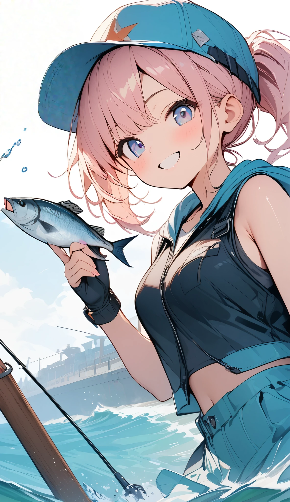 Light colors, ((amazingly absurd)), ultra high resolution, attention to detail, high quality, high resolution, highest quality, 4k, 8K, artwork, summer breakwater, fishing girl, black vest, cap, big smile after catching a fish, angel smile, rod in left hand, fish in right hand