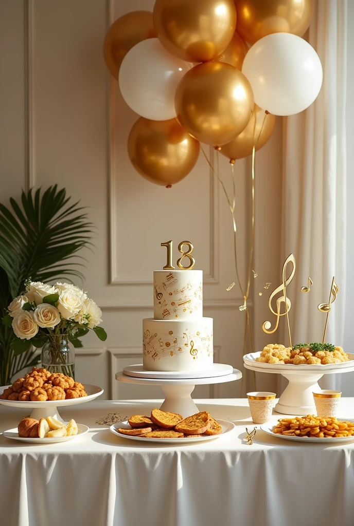 Decoration of the main table for a man&#39;s birthday with a music theme in gold and white, that includes snacks, Cake, balloons 