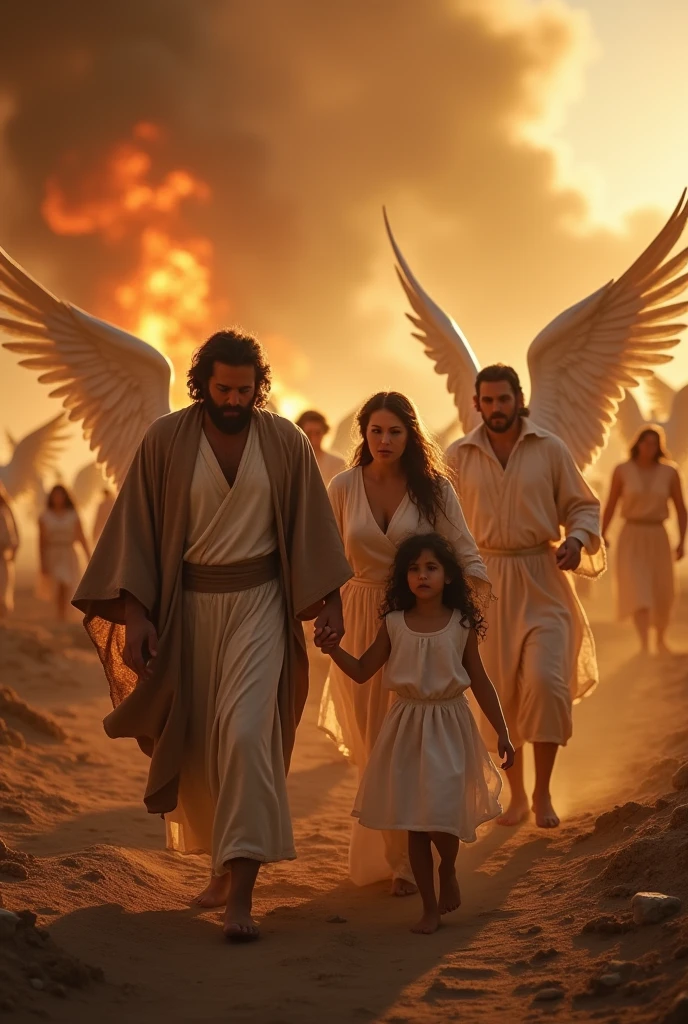 "Surrealism, realism, Lot, his wife, and two adult daughters wearing biblical attire, being urgently pulled out of the city of Sodom by two serious and determined angels, heterosexual men, firm grips on their hands, guiding them quickly. In the background, the city of Sodom engulfed in flames and smoke, representing imminent destruction. Dramatic lighting highlighting the contrast between the darkness of the city and the soft divine glow emanating from the angels, symbolizing divine protection, cinematic lighting, high resolution, 16:9, ultra detailed, 8K, highly detailed, masterpiece composition, full HD."