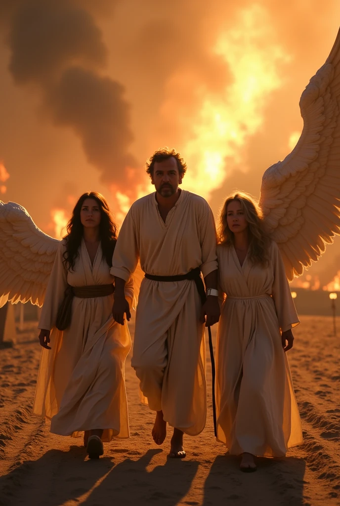 "Surrealism, realism, Lot, his wife, and two adult daughters wearing biblical attire, being urgently pulled out of the city of Sodom by two serious and determined angels, heterosexual men, firm grips on their hands, guiding them quickly. In the background, the city of Sodom engulfed in flames and smoke, representing imminent destruction. Dramatic lighting highlighting the contrast between the darkness of the city and the soft divine glow emanating from the angels, symbolizing divine protection, cinematic lighting, high resolution, 16:9, ultra detailed, 8K, highly detailed, masterpiece composition, full HD."
