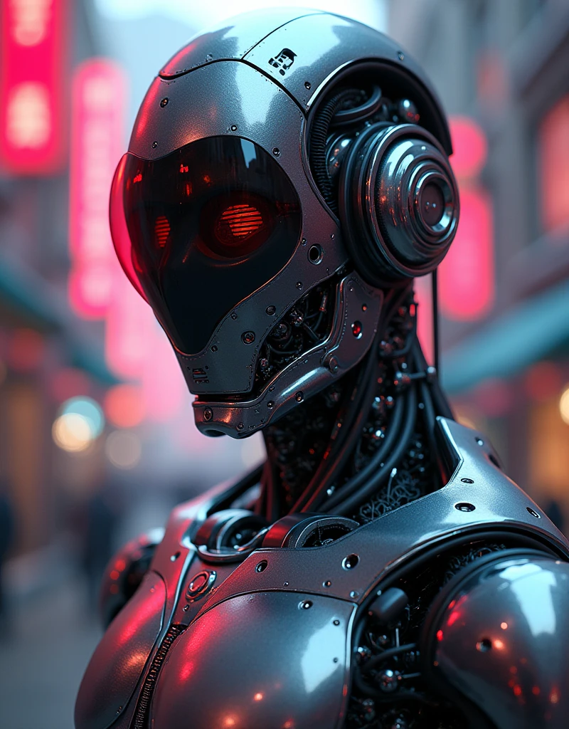 A highly detailed, realistic male cyborg with a cyberpunk aesthetic. The cyborg should feature a polished chrome robotic suit, glowing futuristic eyes, and a pixelated or blurred face. It should also wear dark, cyberpunk-style glasses. The design should include intricate details, high-quality rendering, and a sleek, modern look with vibrant colors and a touch of futuristic elegance. (Extremely detailed, professional high-quality rendering, chrome robotic suit, dark cyberpunk glasses, pixelated or blurred face, and striking visual elements.)