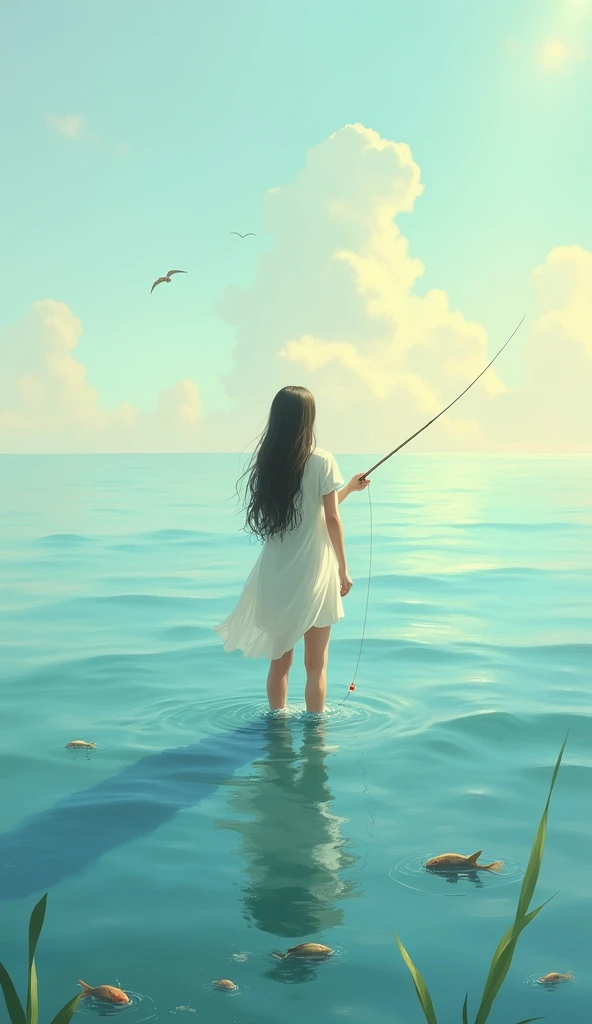 Woman fishing in the sea