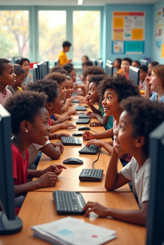 computer classroom with happy white and black students with big eyes