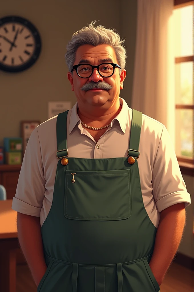 give me an illustration of a male teacher in his 30s-40s who has a slightly pot belly, has brown skin, has a thin mustache, wears glasses, and wears a candle tree teacher uniform. He was a gentle and caring teacher in school. depict him in a sexy and romantic model. He has bad humor, father's jokes. he's gay.