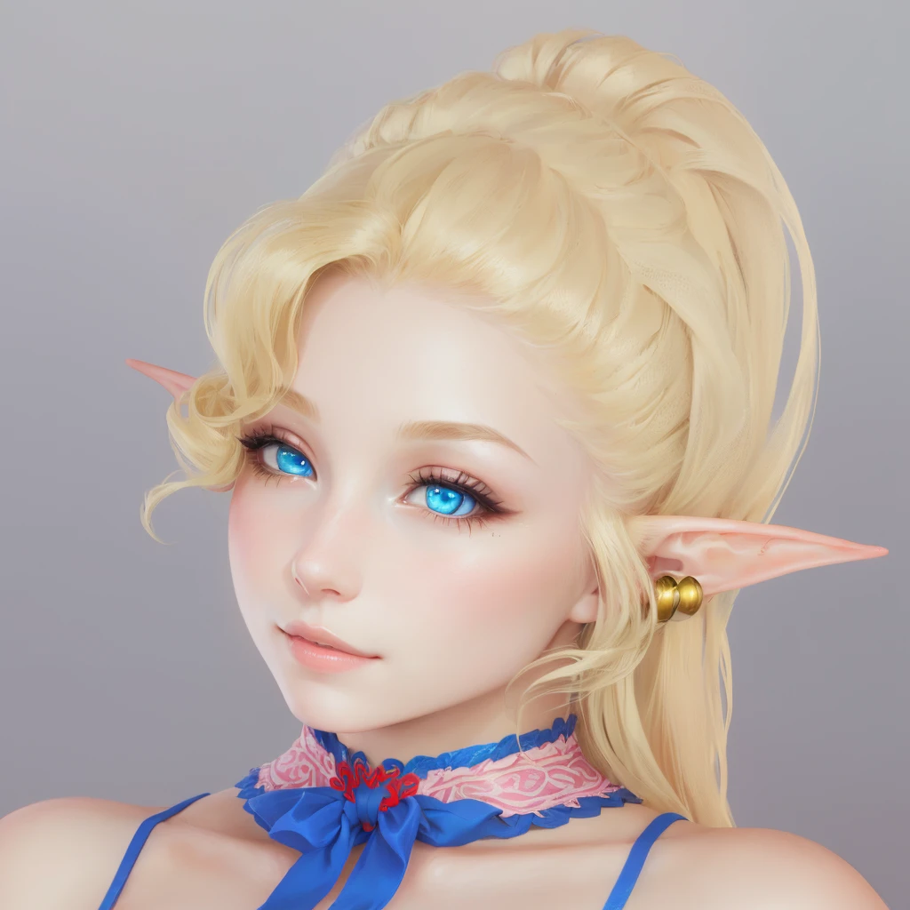 Blonde with blue eyes and wearing a blue dress, Highly detailed characters, (((gone crazy))) Elf Princess, Elf Girl, Ultra-detailed fantasy characters, Has a very detailed face, Close-up Character, elven character with smirk, Female Elf, Pink pigtails and cyan eyes, Elf Princess, Profile portrait of Elven royalty