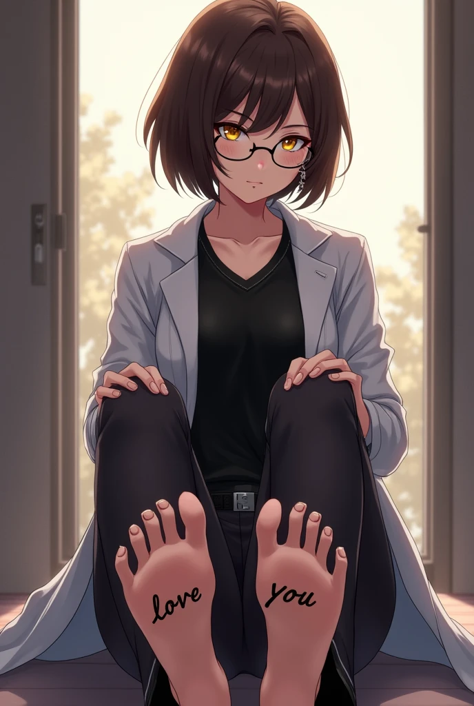 create the image of a 28-year-old character in anime style with short dark brown hair to the shoulder, round prescription glasses, skin fair, yellow seductive eyes, black jersey, lab coat and tailored pants, earrings and the body reasonably "big fit ass", She is sitting on the floor without shoes with her legs stretched out in front of her showing her feet which have 5 toes and are size 38 each and on the sole of one of the character&#39;s feet it says LOVE and on the sole of the other foot it says YOU