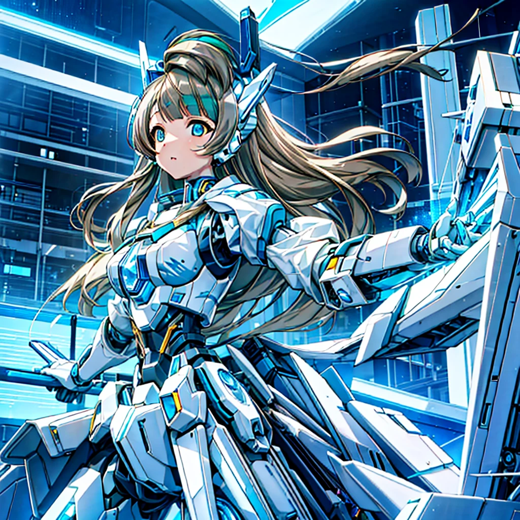 masterpiece, high quality, Minami Kotori has undergone surgery to transform into a machine and become a cyborg.、A precision mechanical girl cyborg with blue and white machine parts exposed.、The internal machinery is visible、Being fixed to the operating table