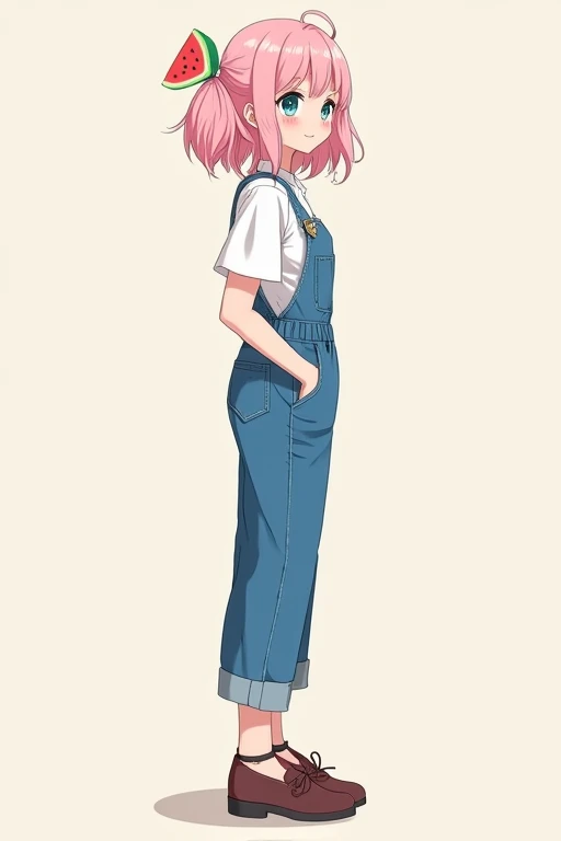 A full-body side-view portrait of a beautiful anime high school girl with light pink fluffy long hair, a triangular watermelon decoration in her hair, blue eyes, wearing blue overalls over a white shirt, and brown shoes.