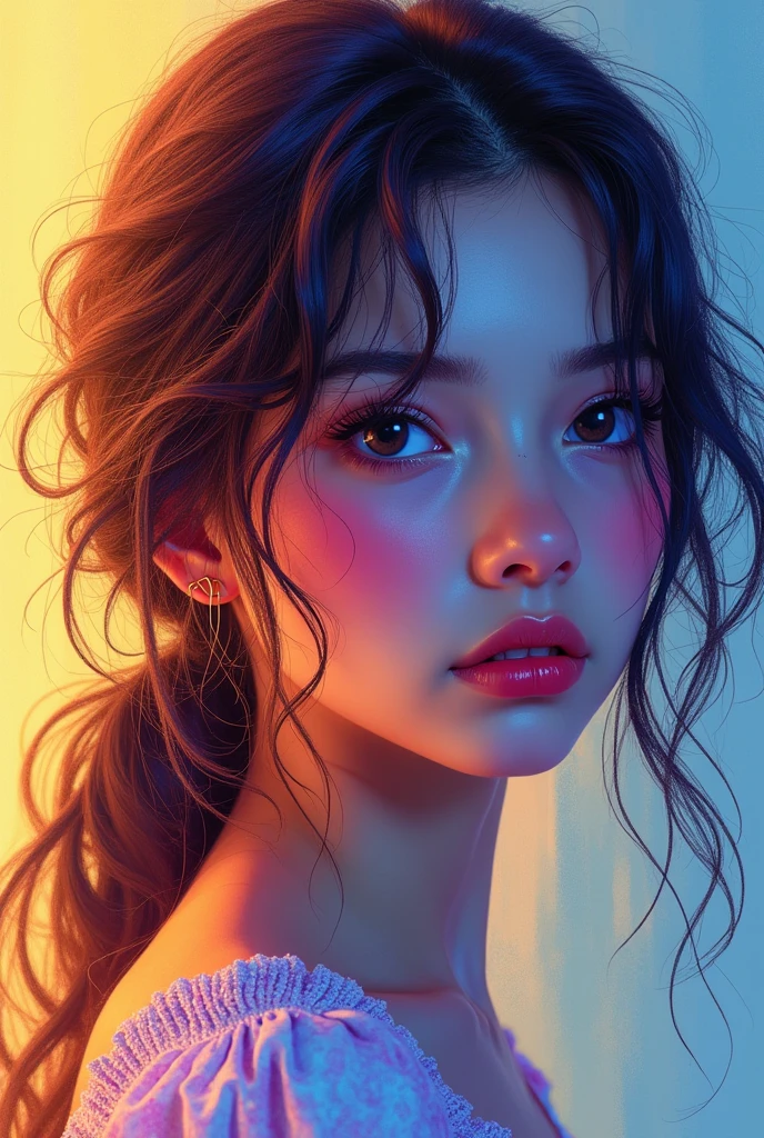 Colorful beautiful girl:28-year-old girl,dirty hair,oil painted,perfect face,soft skin, perfect face,blue-yellow colors,Added light purple and violet colors.,added light red color,complex parts,screensaver,permission 8k,chedevr, cute face, ArtStation digital painting provides smooth and very black ink flow.:Photorealistic masterpiece in 8k resolution:complex detailed painting with liquid gouache:author: By Jean Baptiste Mongue:calligraphy:propylene:watercolor art,professional photo shoot,daylight,Minimalistic photographic illustration of volumetric lighting:author Мартон Бобзерт: ,difficult,elegance,Раскидистый,magical dream,Wavy hair,with dynamism