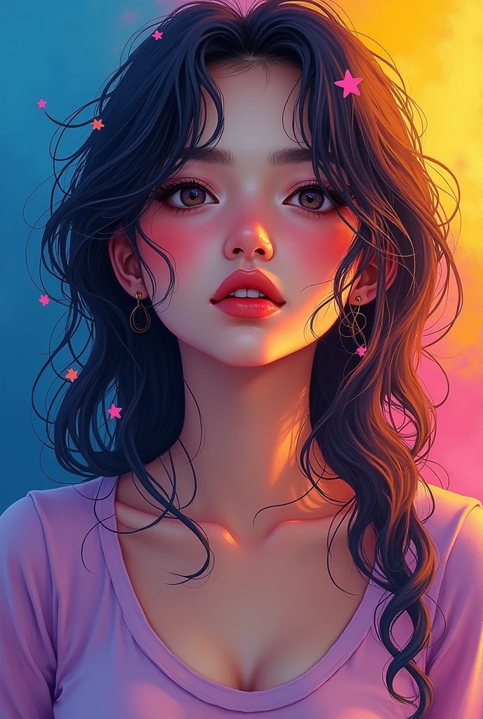 Colorful beautiful girl：28-year-old girl，dirty hair，oil painted，perfect face，soft skin, perfect face，blue-yellow colors，Added light purple and violet colors.，added light red color，complex parts，screensaver，permission 8k，chedevr, cute face, ArtStation digital painting provides smooth and very black ink flow.：Photorealistic masterpiece in 8k resolution：complex detailed painting with liquid gouache：author: By Jean Baptiste Mongue：calligraphy：propylene：watercolor art，professional photo shoot，daylight，Minimalistic photographic illustration of volumetric lighting：author Мартон Бобзерт： ，difficult，elegance，Раскидистый，magical dream，Wavy hair，with dynamism