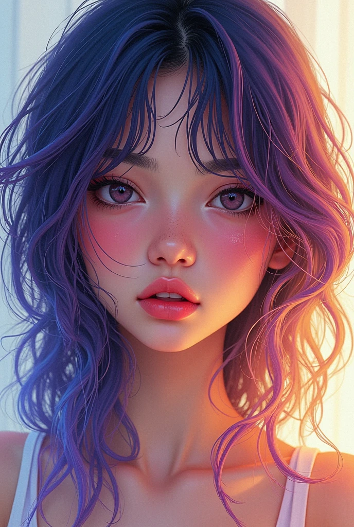 Colorful beautiful girl:28-year-old girl,dirty hair,oil painted,perfect face,soft skin, perfect face,blue-yellow colors,Added light purple and violet colors.,added light red color,complex parts,screensaver,permission 8k,chedevr, cute face, ArtStation digital painting provides smooth and very black ink flow.:Photorealistic masterpiece in 8k resolution:complex detailed painting with liquid gouache:author: By Jean Baptiste Mongue:calligraphy:propylene:watercolor art,professional photo shoot,daylight,Minimalistic photographic illustration of volumetric lighting:author Мартон Бобзерт: ,difficult,elegance,Раскидистый,magical dream,Wavy hair,with dynamism