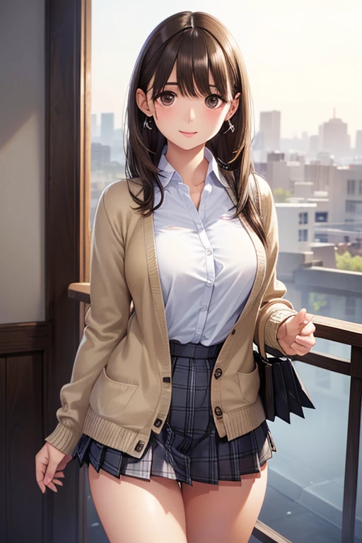 anegasaki nene、Shiny brown hair, short hair, (Beautiful brown eyes、Sparkling eyes, Fine grain)、smile、Ultra-detailed eyes、Highly detailed face, Highly detailed eyes,Cowboy Shot、
(masterpiece:1.2, Highest quality), (Realistic, photoRealistic:1.4), Beautiful illustrations, (Natural Side Lighting, Cinema Lighting),
View your viewers, 1 person, Japanese, Perfect Face, Cute and symmetrical face, Glowing Skin, Baby Face,
(Long Hair, Straight hair, Sideburns,), Swept-apart bangs, (Middle chest, Captivating thighs, Big Ass), Earrings,
Beautiful Hair, Beautiful Face, Beautiful attention to detail, Beautiful clavicle, Beautiful body, Beautiful breasts, Beautiful thighs, Beautiful feet, Beautiful fingers,
(((Brown cardigan, Closing the garment), White collared shirt, Black Checkered Pleated Mini Skirt)),
(Beautiful views), evening, (Shopping mall), Are standing, (素敵なsmile, Upward glance),
