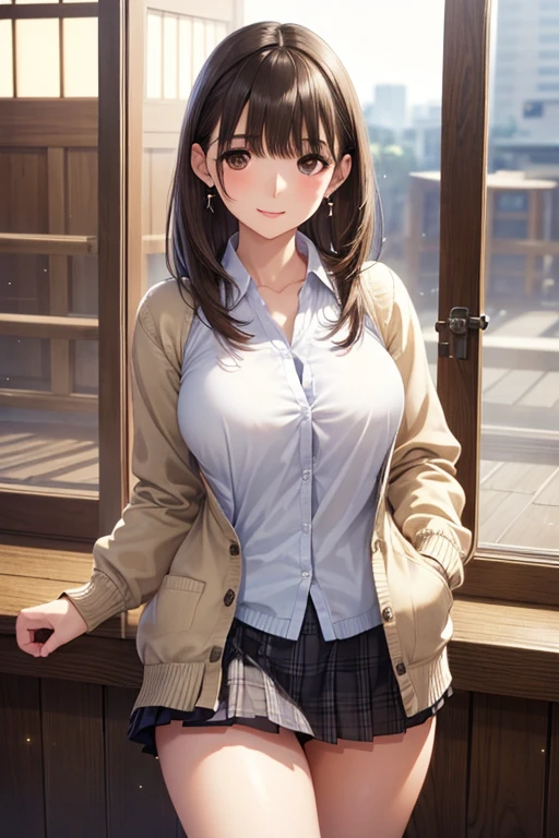 anegasaki nene、Shiny brown hair, short hair, (Beautiful brown eyes、Sparkling eyes, Fine grain)、smile、Ultra-detailed eyes、Highly detailed face, Highly detailed eyes,Cowboy Shot、
(masterpiece:1.2, Highest quality), (Realistic, photoRealistic:1.4), Beautiful illustrations, (Natural Side Lighting, Cinema Lighting),
View your viewers, 1 person, Japanese, Perfect Face, Cute and symmetrical face, Glowing Skin, Baby Face,
(Long Hair, Straight hair, Sideburns,), Swept-apart bangs, (Middle chest, Captivating thighs, Big ), Earrings,
Beautiful Hair, Beautiful Face, Beautiful attention to detail, Beautiful clavicle, Beautiful body, Beautiful breeautiful thighs, Beautiful feet, Beautiful fingers,
(((Brown cardigan, Closing the garment), White collared shirt, Black Checkered Pleated Mini Skirt)),
(Beautiful views), evening, (Shopping mall), Are standing, (素敵なsmile, Upward glance),