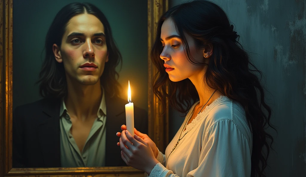 painting of a woman holding a candle in front of a picture of a man, mystical oil on linen, candlelit, la llorona, emotional oil painting, oil on canvas detailed, painting of a woman, luminescent oil painting, goddess close-up portrait, oil painting of realistic woman, oil on canevas, heidi, portrait of queen of light