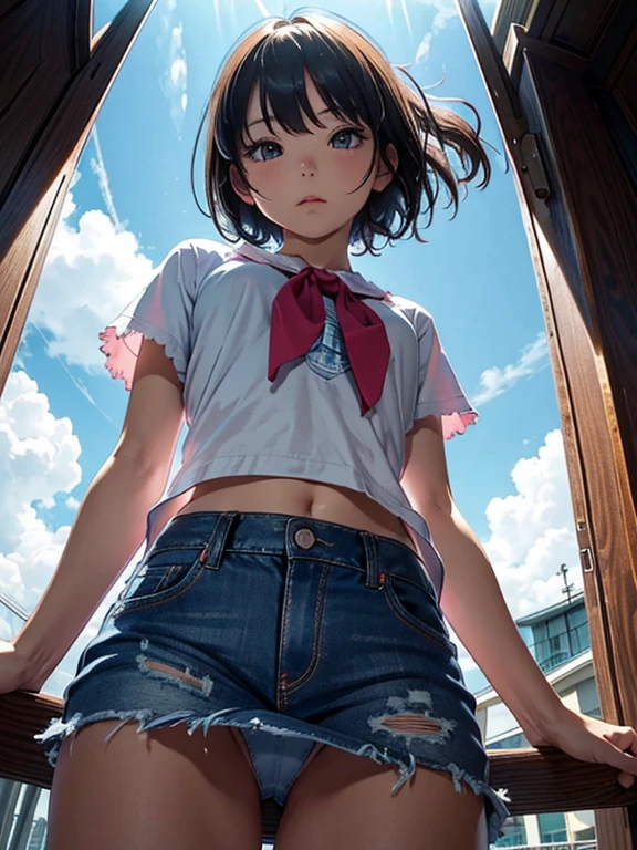 (Superflat、Flat Shading、 Flat Color:1.1、8k resolution)、(Shooting from a low angle、Rear View、Angle from directly below the rear)、 
Spread your legs、Draw so that the crotch cloth of the pink underwear is visible.、Skirt flip、
(Ripped and tattered denim skirt、Showing panties:1.3、Pastel colored panties、Shiny panties)、
Looking through the viewfinder、Tilt your head、alone、Are standing、Cowboy Shot、Arms at your sides、
Volumetric lighting、Soft Light、