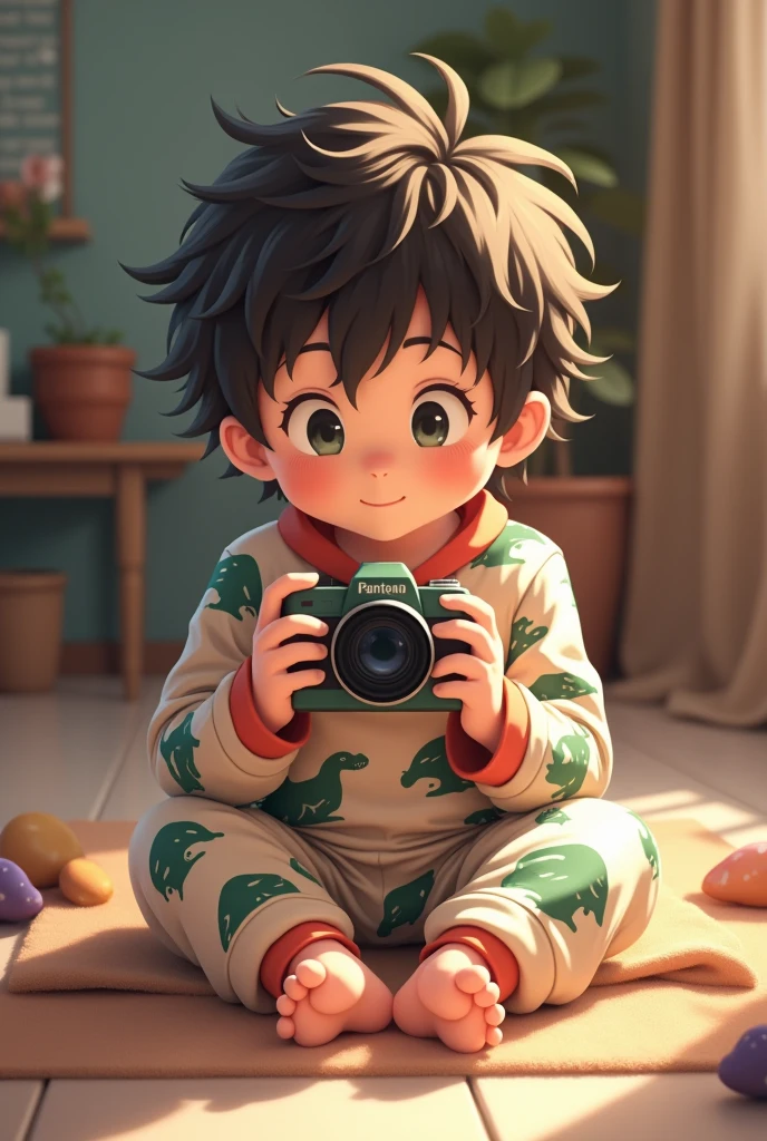A cute young anime boy with fluffy hair and dinosaur pajamas sits with his legs stretched out, taking a realistic photo while having no pajama bottoms.
