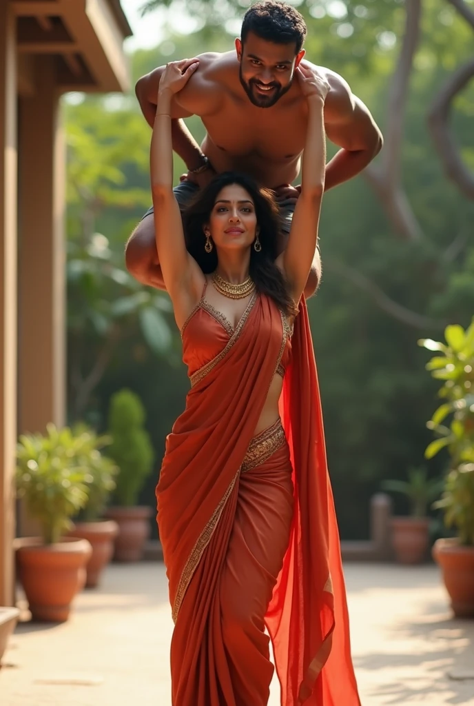 Beautiful and Slim Indian woman Aishwarya Rai in satin saree lifting a large chubby man high above her shoulders with her strong arms.At home terrace, natural smile, woman is looking into the camera