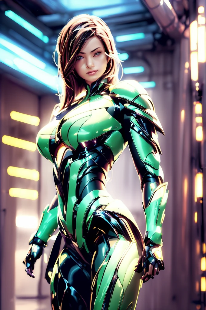 Highest quality, masterpiece, figure, (Realistic, photo-Realistic:1.37), In detail, Incredibly absurd, Large file size, Very detailed, High resolution, Very detailed CG Unity 8k wallpaper, Very detailed目と顔, Ray Tracing, Browsing Caution, One boy, Brasilian cyborg boy is innocent and young々Has a sly expression. He poses boldly with, Revealing her voluptuous figure. he is wearing a small black mecha armor top that barely covers her breasts., Exposing most of her flawless skin. Her shoulders and head have more armor detailing. There are shining highlights, Tech Panels and Mechanisms. She is standing against a futuristic cityscape lit up with vibrant neon lights. Standing full of energy.