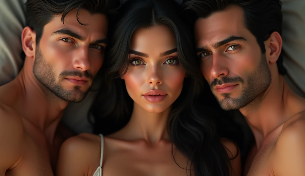 Beautiful woman with two men beside her,they are in the bedroom having a more intimate relationship, the woman has long black hair, eyes browns, realistic and detailed face, age 25, highly realistic 4k model, men appear to be around 40 years old, realistic and detailed faces