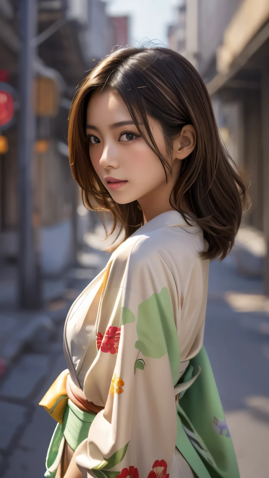 Beautiful Japanese Supermodel Women, Hair with subtle highlights, Iris, sexy,Street background,Gorgeous kimono , The liquid color runs down her face, Backlit shooting,perfect face lighting,Mixed Media,Turn right