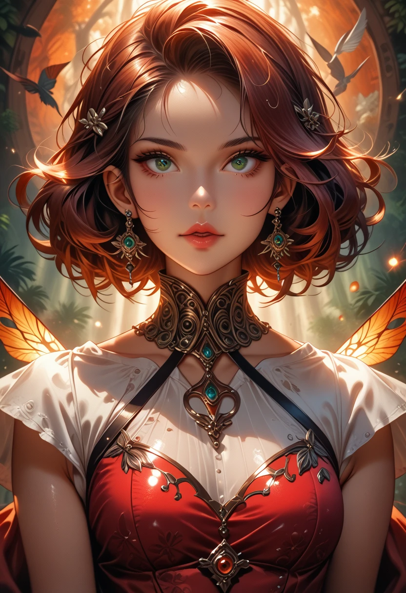 An unearthly female figure with graceful, Luminescent wings, surrounded by glowing, Magical creatures in the enchanted forest. Scattering of skin below the surface., Shiny skin, iridescent dress, detailed background, ([Elizabeth Olsen|Anne Hathaway|Selena Gomez]:0.8), round cute face, green eyes, Close-up, amazing little detail, Film Nikon D850 Camera Kodak Portra 400 f1.6 lenses, rich colors, realistic texture, dramatic lighting, unreal engine, trending on artstation, film studio 800 tungsten