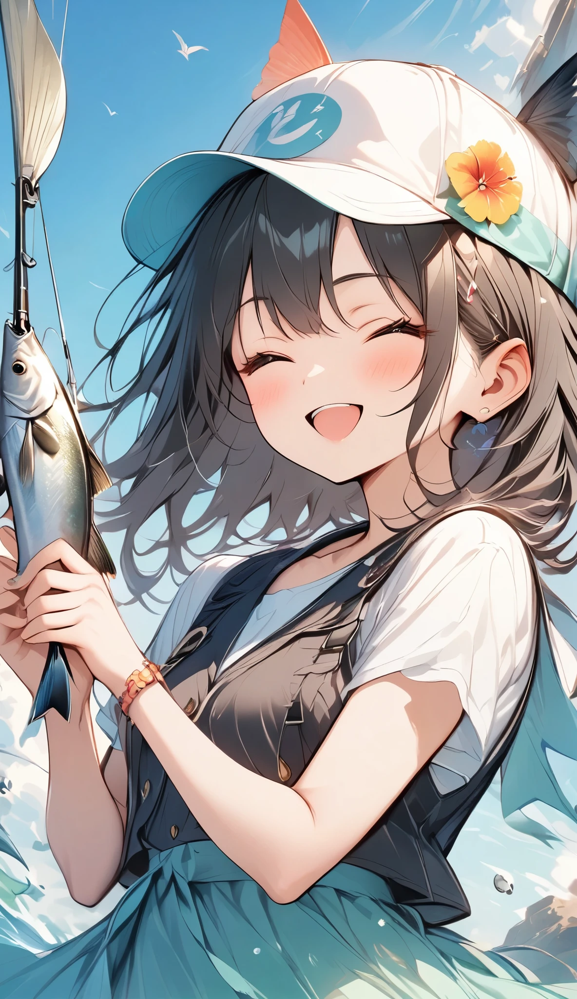 Light colors, ((Amazingly absurd)), Ultra high resolution, Attention to detail, High quality, High resolution, Top quality, 4k, 8K, Artwork, Highlight fishing rod and fish, Summer breakwater, Fishing girl, Black vest, Cap, Eyes closed, Big smiling mouth, Big smile after catching a fish, Angel smile, Rod in left hand, Fish in right hand