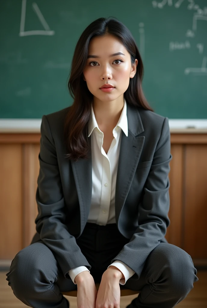 Woman 30 years old in office suit, Squatting , front view, chalk board, school