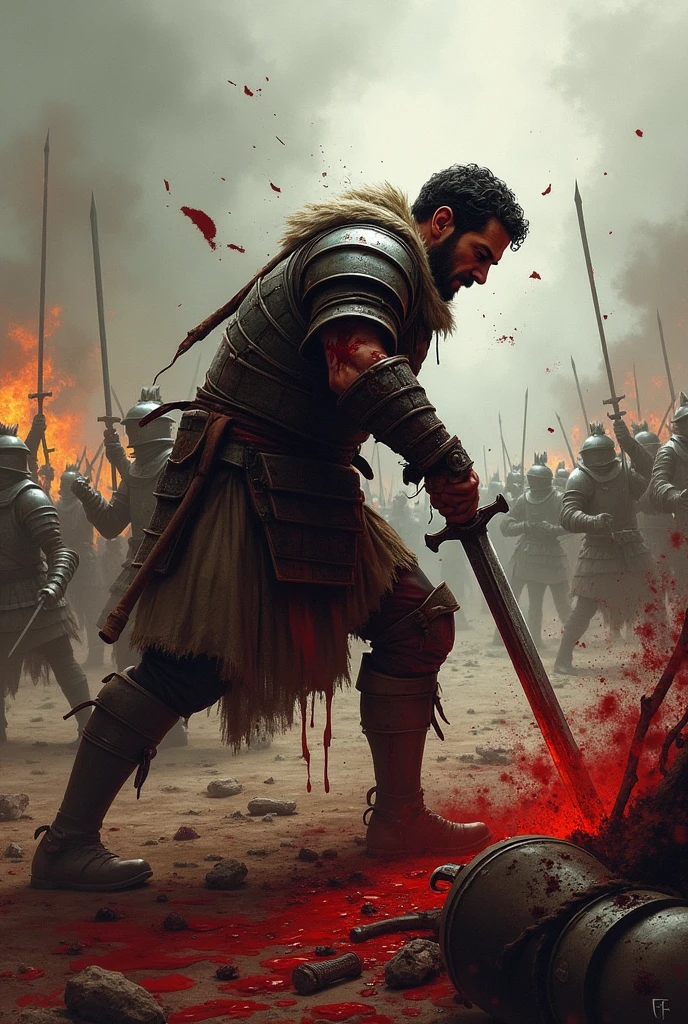 Wounded man fight for his life at battle field,blood,medival