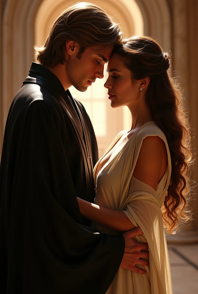 A stunning portrait of Anakin skywalker holding Padme Amidala, She is pregnant, young and beautiful, hyper realistic, real portrait, backlit, exquisite features, cleavage, sexy, seductive, palace interior Naboo, natural light, soft light, Star Wars, Padme is pregnant, Anakin is 6 inches taller than Padme, Anakin is wearing black leather robes, a akin is the epitome of strength, and power, Padme is the embodiment of softness, and love