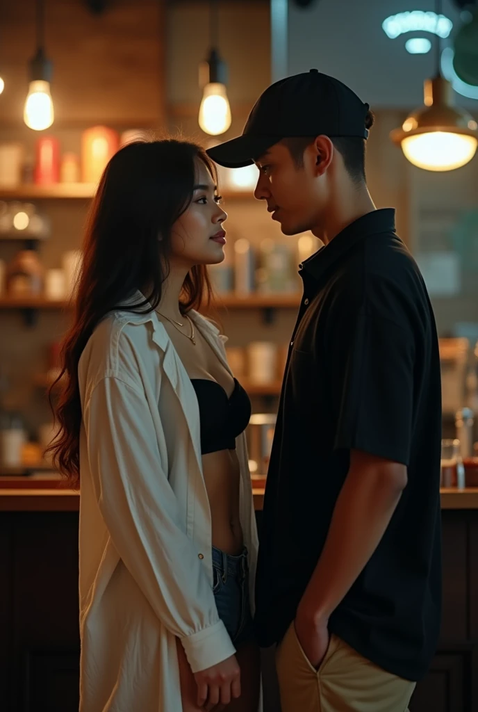 21 year old Indonesian woman in long white shirt with buttons unbuttoned black underwear, jeans shorts, white shoes posing facing forward with 22 year old man in black shirt, black baseball cap, beige shorts, black shoes inside Starbucks cafe at night. realistic image, 4K HDR quality, DSLR bokeh effect