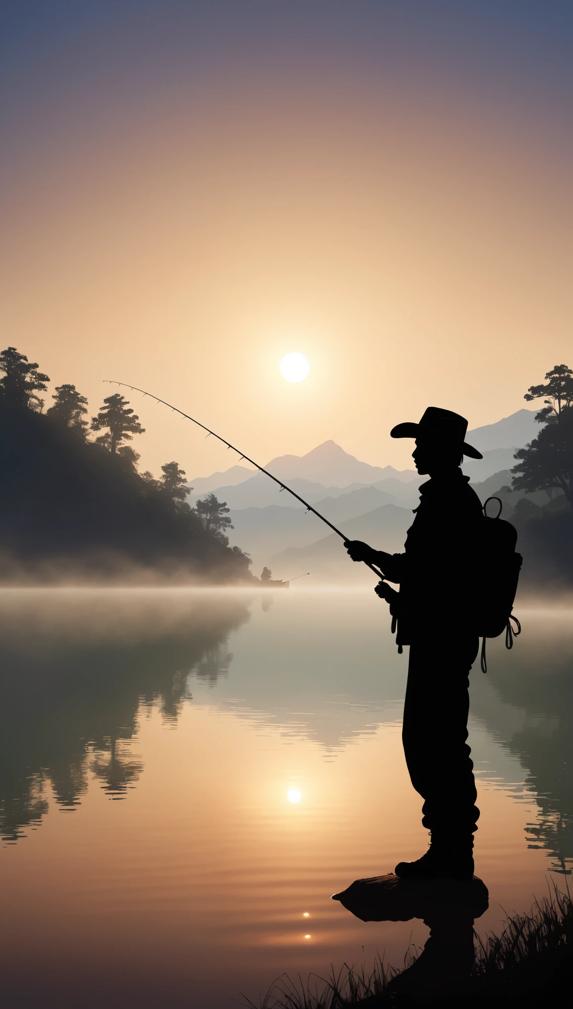 Silhouette of a man enjoying fishing in nature、Lush forest、wood々Sunlight shining through、fishing rod、Tackle Box、Peaceful atmosphere、美しいdetailedな目、美しいdetailedな唇、非常にdetailedな目と顔、Long eyelashes、Peaceful look、Cowboy Shot、fishing rod、lake、Mountain、Sunset、Warm lighting、fog、Calm、Photorealistic、8k、high quality、detailed、masterpiece