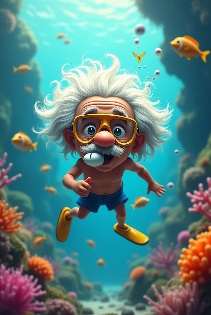Albert Einstein snorkeling underwater