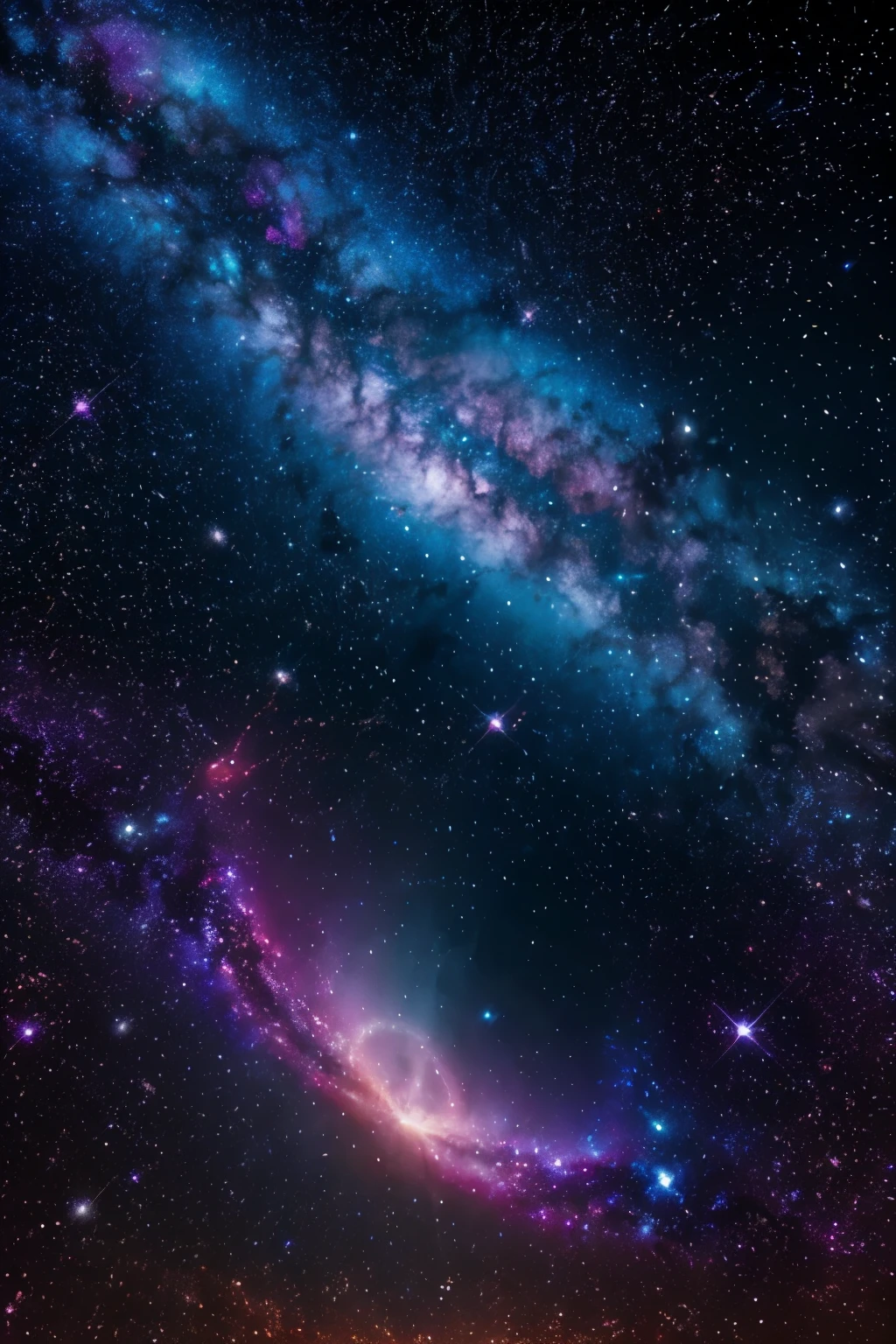 extreme detail, large sky, like cotton candy, beautiful colors, gorgeous sky, Generate a breathtakingly realistic image of a galaxy with a spectacular display of vibrant colors. The galaxy should swirl with gorgeous, bright hues—deep purples, radiant pinks, electric blues, and fiery oranges—creating a vivid and dynamic cosmic scene. The center of the galaxy is illuminated with intense, brilliant light, while shining bright stars scattered throughout resemble sparkling fireworks. The stars vary in size and intensity, adding a sense of grandeur and motion. The backdrop features a dark, expansive space with subtle nebulae and distant star clusters, enhancing the depth and majesty of the galaxy. The overall effect should be mesmerizing and awe-inspiring, showcasing the beauty and complexity of the cosmos