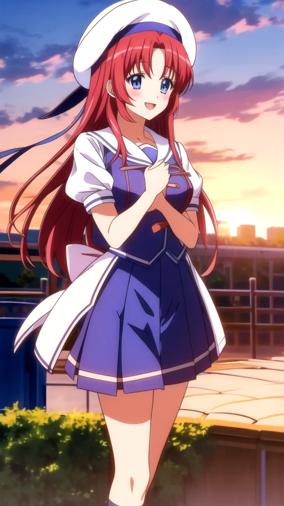 Anime illustration kotorishirakawa, 1girl, 独奏, short stack, huge breasts, red hair, long hair, straight hair, Blue eyes, BREAK skirt, hat, school uniform, short sleeves, socks, puffy sleeves, puffy short sleeves, beret, Cute Smile Open your mouth, Are standing, (Winter Night、With the sunset and the fence behind、Receiving a confession on the school rooftop。I got closest to that smile:1.1), (Place your hands on your chest:1.3), Two Arms, (cinematic angle:1.1),