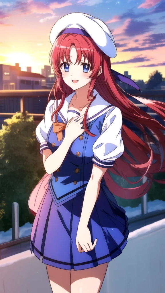 Anime illustration kotorishirakawa, 1girl, 独奏, short stack, huge breasts, red hair, long hair, straight hair, Blue eyes, BREAK skirt, hat, school uniform, short sleeves, socks, puffy sleeves, puffy short sleeves, beret, Cute Smile Open your mouth, Are standing, (Winter Night、With the sunset and the fence behind、Receiving a confession on the school rooftop。I got closest to that smile:1.1), (Place your hands on your chest:1.3), Two Arms, (cinematic angle:1.1),