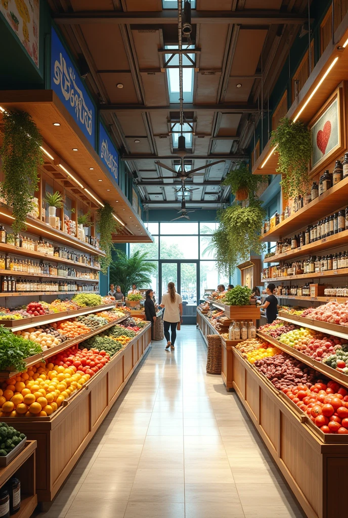 Make me a 2D plan of a cute fusion-type supermarket (By fusion I mean that it is a mixture of all the things that can be sold and cultures from all over the world.)