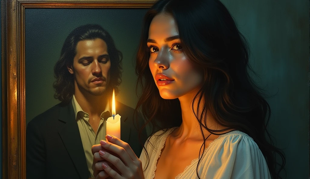 painting of a woman holding a candle in front of a picture of a man, mystical oil on linen, candlelit, la llorona, emotional oil painting, oil on canvas detailed, painting of a woman, luminescent oil painting, goddess close-up portrait, oil painting of realistic woman, oil on canevas, heidi, portrait of queen of light