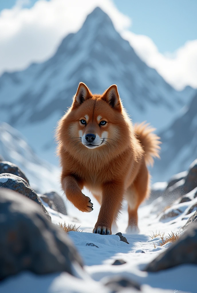 A dog on the mountain, furry brown dog, fluffy dog, dog walking on a snowy mountain, mountaineer dog, adventurous dog, mountain landscape, snow-capped peaks, cloudy sky, natural lighting, (best quality,4k,8k,highres,masterpiece:1.2),ultra-detailed,(realistic,photorealistic,photo-realistic:1.37),highly detailed fur, sharp focus, vivid colors, dramatic lighting