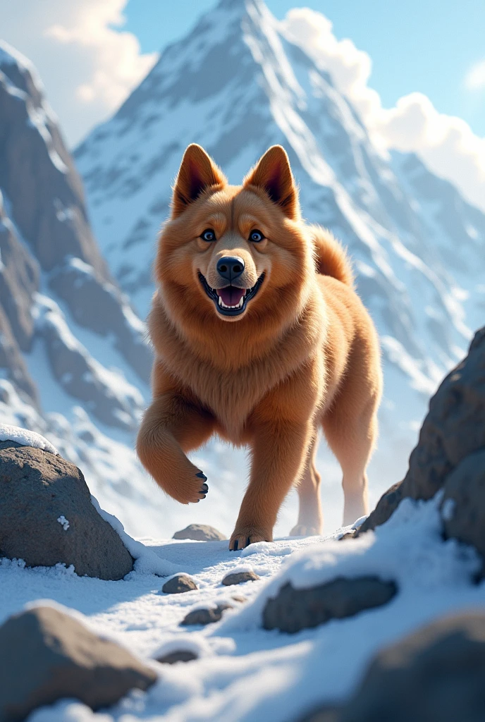 A dog on the mountain, furry brown dog, fluffy dog, dog walking on a snowy mountain, mountaineer dog, adventurous dog, mountain landscape, snow-capped peaks, cloudy sky, natural lighting, (best quality,4k,8k,highres,masterpiece:1.2),ultra-detailed,(realistic,photorealistic,photo-realistic:1.37),highly detailed fur, sharp focus, vivid colors, dramatic lighting