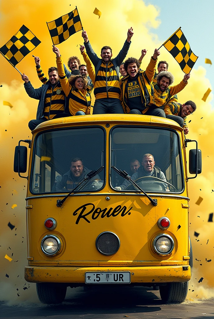 Image illustrations bus jaune de supporters de style Ultras hooligans habiller d’une veste jaune et noir. Les fenêtres du bus sont casser. Des supporters sont sur le toit avec des fumigènes jaune et noir dans la mains et des drapeaux jaune et noir à damiers dans la mains. Il est inscrit sur le bus «ROUEN ON TOUR »