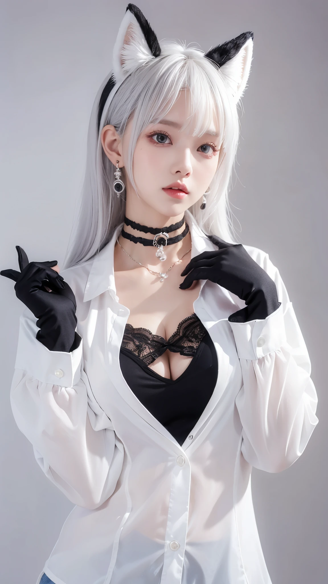 shiroko terror, 1girl, solo, breasts, animal ears, shirt, cleavage, white shirt, gloves, extra ears, choker, jacket, black choker, bangs, looking at viewer, collared shirt, black gloves, white background, earrings, large breasts, simple background, animal ear fluff, jewelry, closed mouth, long sleeves, cowboy shot, ahoge, open clothes,white hair