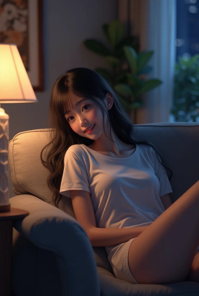 Living room at night with soft lights。A fair-skinned young Japanese woman leaning on a sofa。A fitted t-shirt and shorts。Smiling。Selfie style。