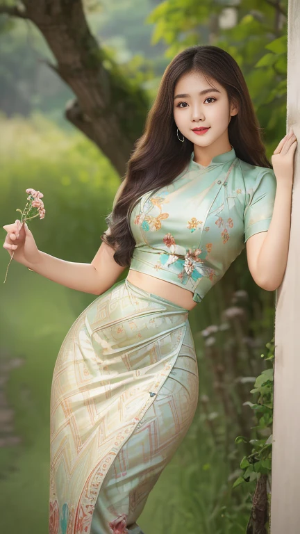 Burmese girl with attractive curvy full body.  Friends full-length bikini, (green dress) reflective long dress painted with flower patterns, only dress.  hi gh hips  High resolution  High resolution  natural background  High resolution  HD  3D,  8K cartoon anime 